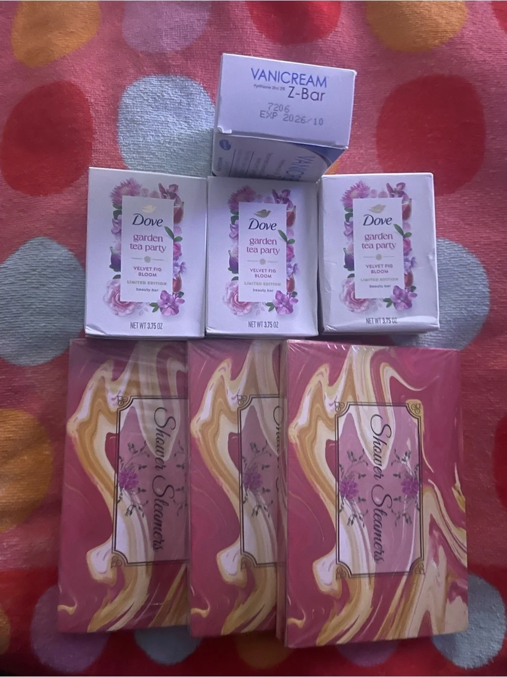 7pc bundle, Dove single Bar Soaps, 3 pk shower steamers,vanicream anti dandruff